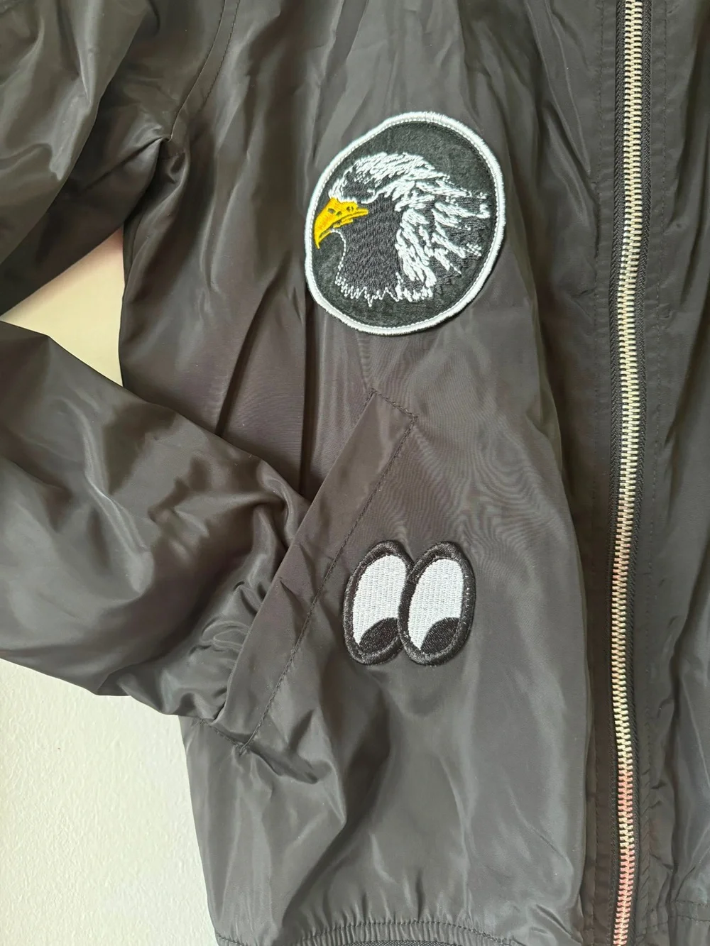 Zara Black Bomber Jacket with Yellow Patch Accents